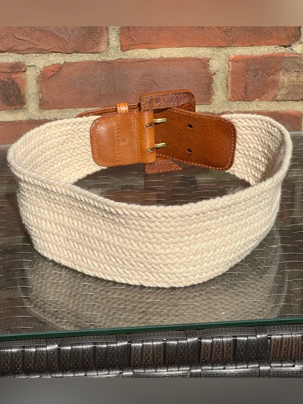 3.1 Phillip Lim Wide Woven Belt Cream with Brown Leather Buckle Quiet Luxury
